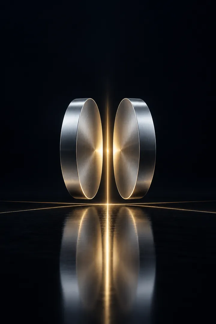 Two silver discs facing each other, joined by a gold beam