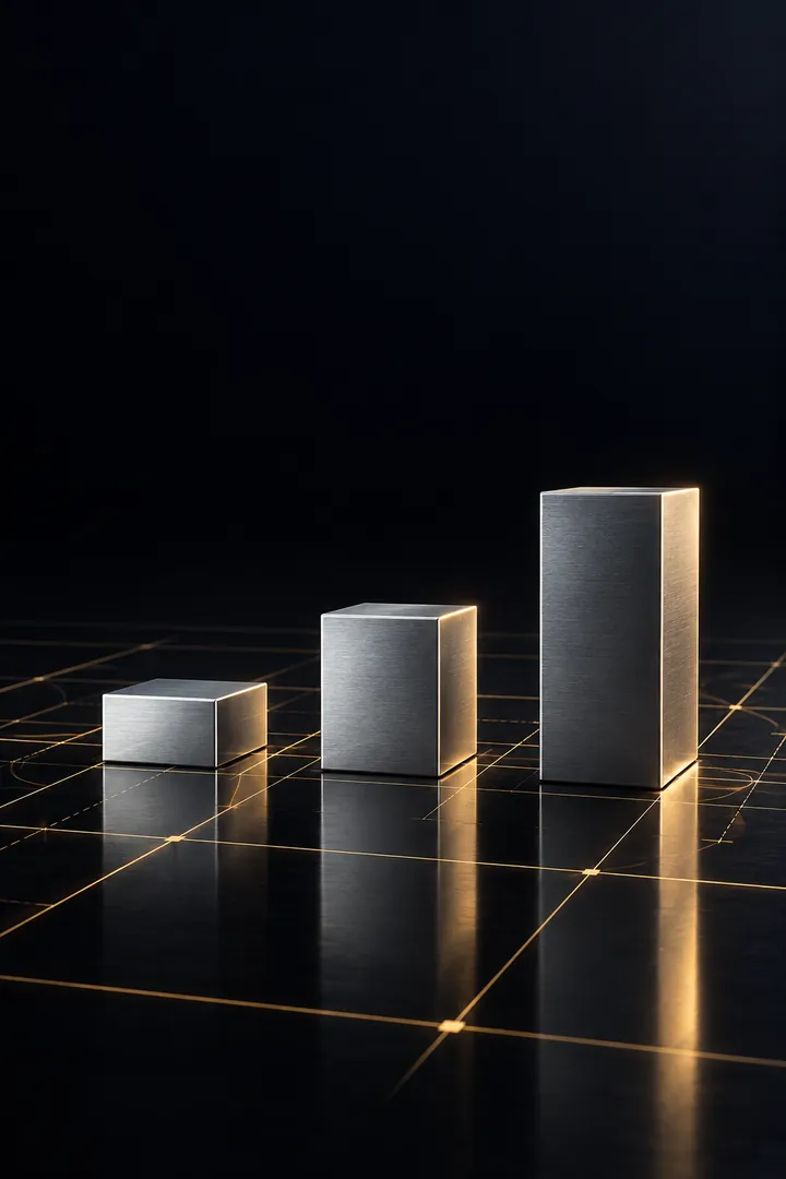 Silver blocks rising along a gold blueprint grid